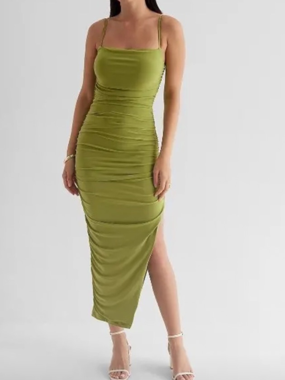 Express Olive Ruched Maxi Dress